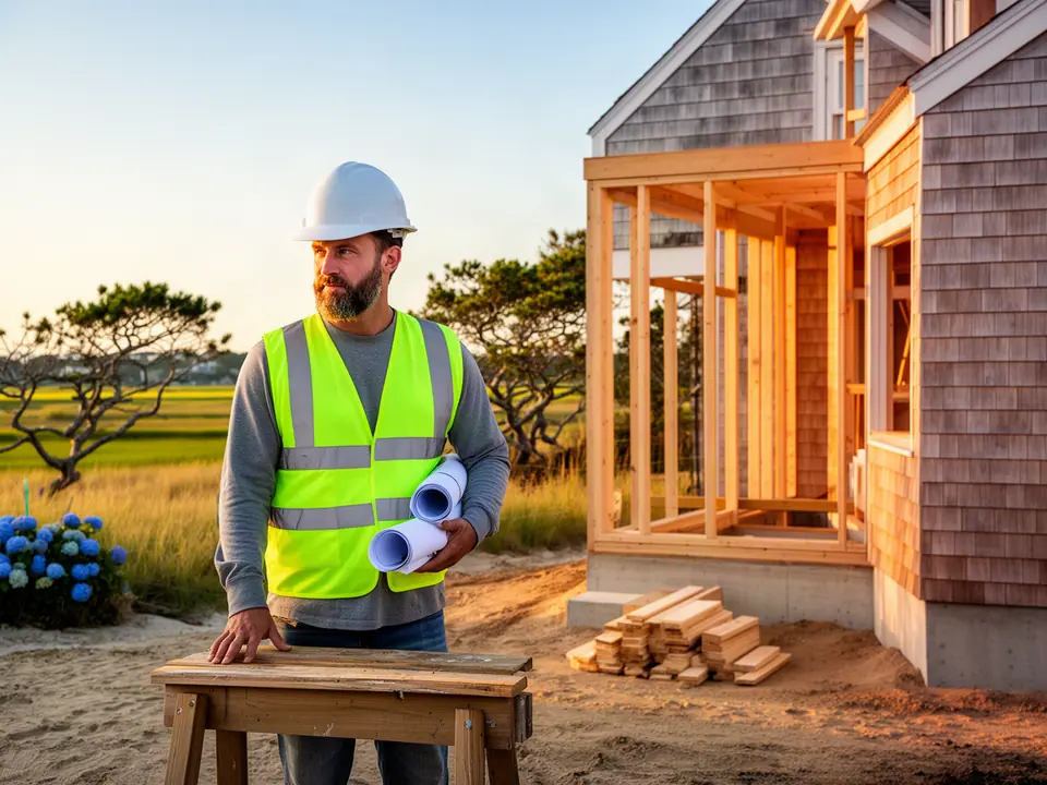 Builder with rolled plans beside a new shingled cottage frame among pitch pines and hydrangeas