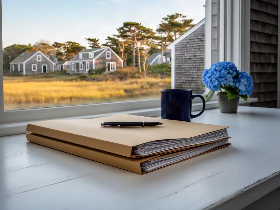 Manila folders, a pen, a navy mug and hydrangeas on a desk by a window onto Cape cottages