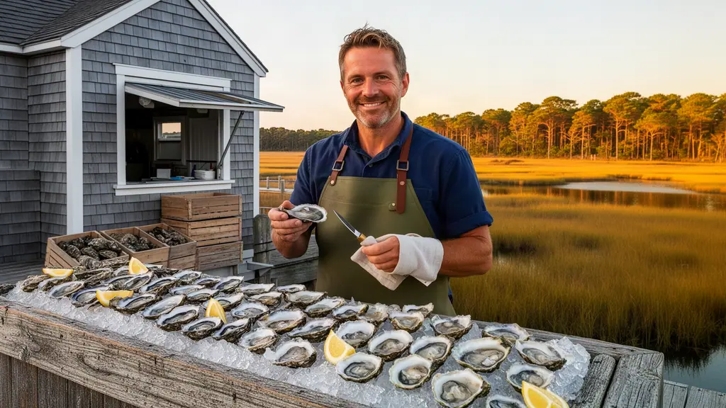 Oyster farmer shucking oysters on crushed ice at a shingled raw bar beside a golden salt marsh