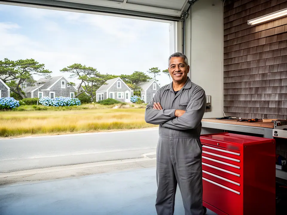 Mechanic with arms folded beside a red tool chest at an open bay facing shingled cottages