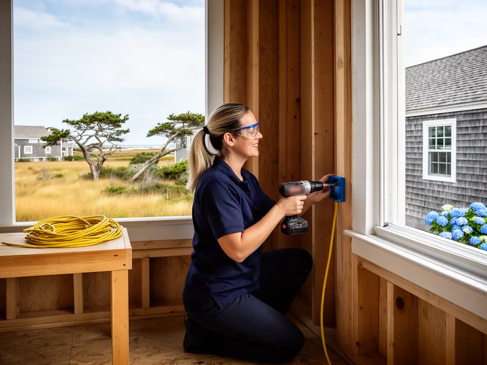 Electrician in safety glasses fixing a blue outlet box with a cordless drill, Cape cottages outside