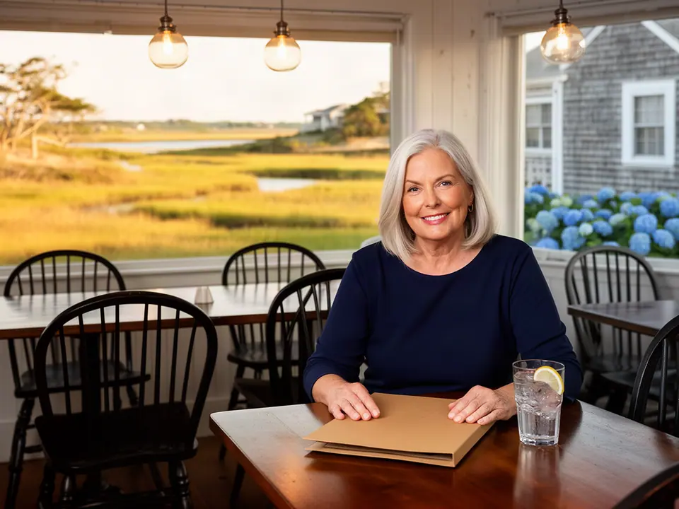 Restaurant owner seated with a folder and a glass of water by windows onto a salt marsh